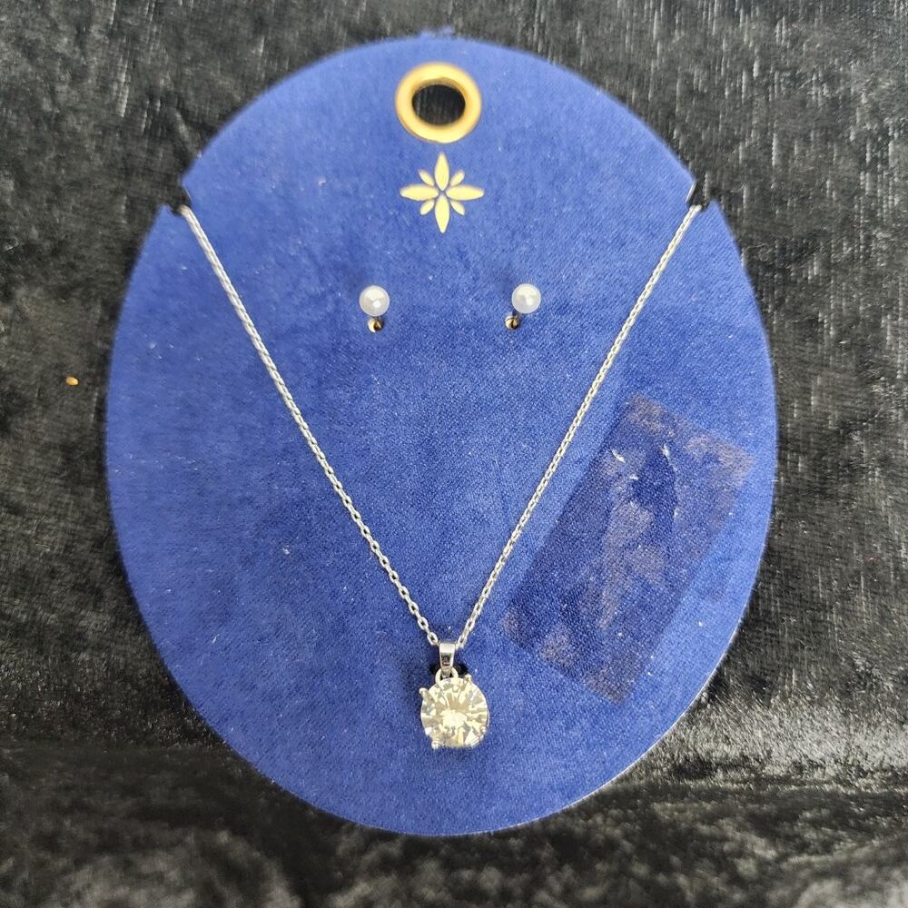 Target Silver Gem Pendent Necklace with Pearl Stud Earrings Set Gold-Toned Backs